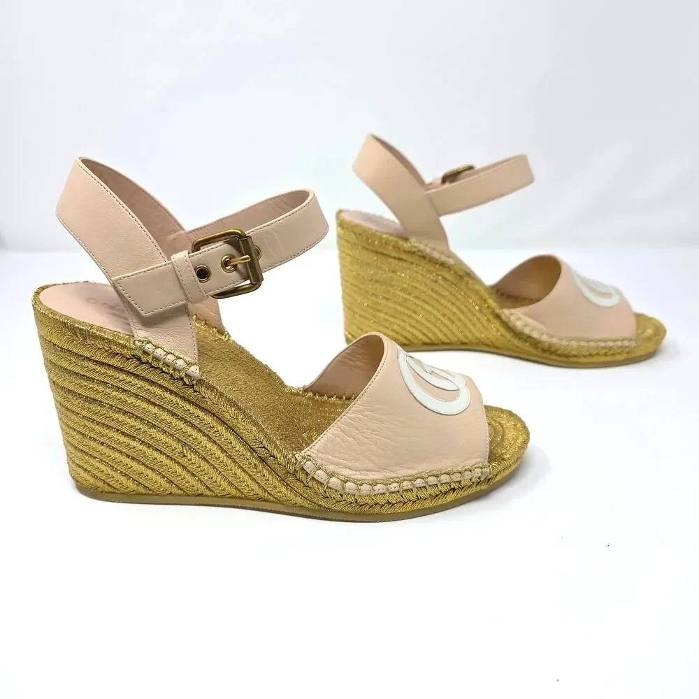 Gucci Platform GG Logo Pink Gold Espadrille Wedge Sandals IT 39 US 9 658629